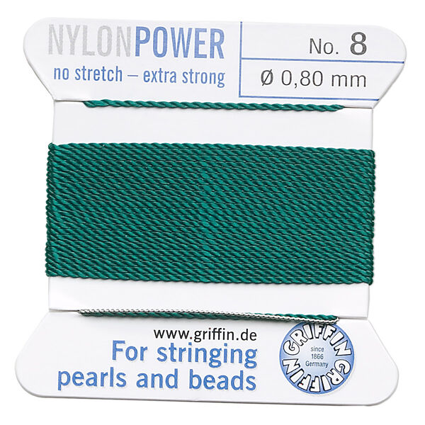 Thread, Griffin, nylon, green, size #8. Sold per 2-meter card (approximately 78 inches). image number 0