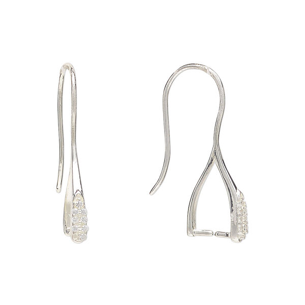 Ear wire 1pkg2 sterling silver / cubic zirconia, 24mm / ice-pick bail / 9mm grip length, 20 gauge 1 pair image number 0