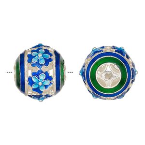 Bead, silver-finished and enamel, light blue / blue / green, 19mm round with cutout flower design. Sold individually.