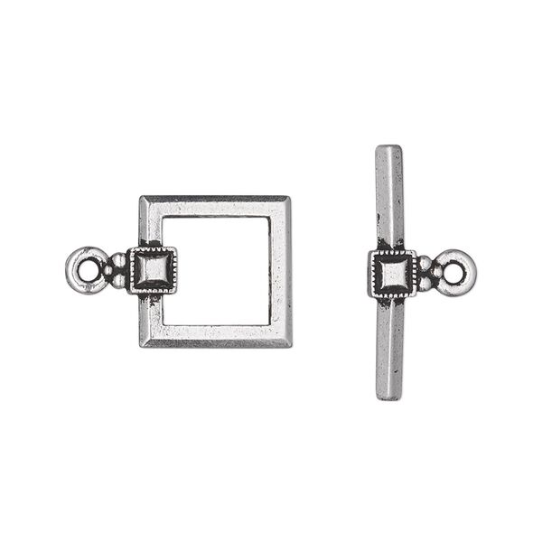Clasp, TierraCast®, toggle, antique silver-plated pewter (tin-based alloy), 12.5mm square with small beaded square design. Sold per pkg of 10. image number 0