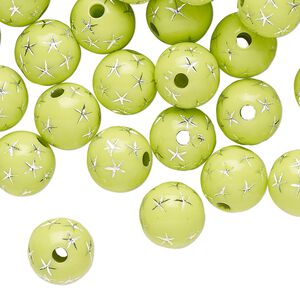 Bead, acrylic, lime green, 10mm round with star design. Sold per pkg of 100.