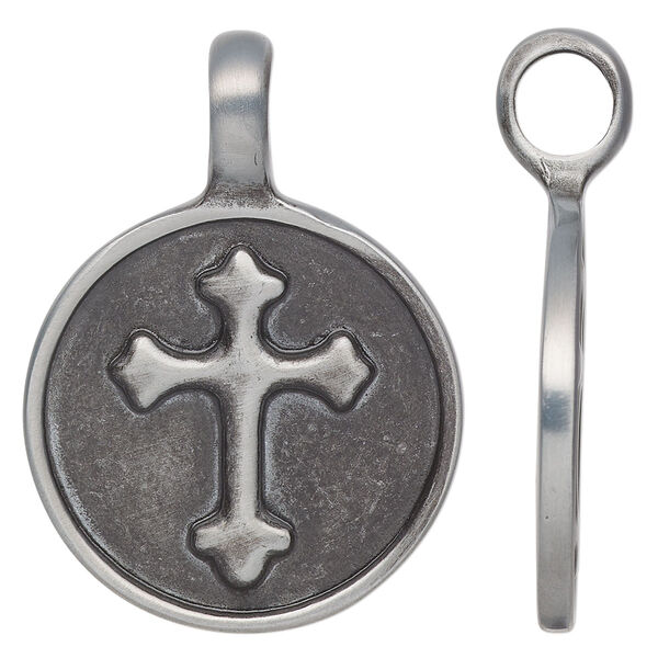 Pendant, antiqued "pewter" (zinc-based alloy), 43x31mm single-sided round with cross design. Sold individually. image number 0