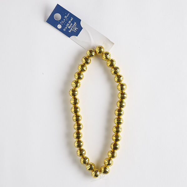 Bead, antique gold-finished brass, 9mm round with line design. Sold per 12-inch strand, approximately 30 beads. image number 0