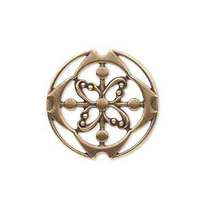 Component, brass, 24mm single-sided fancy flat round. Sold per pkg of 6.