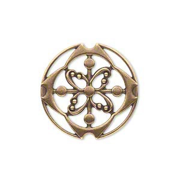 Component, brass, 24mm single-sided fancy flat round. Sold per pkg of 6. image number 0