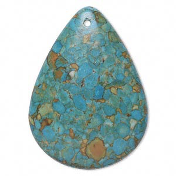 Focal, mosaic "turquoise" (magnesite) (dyed / assembled), blue, 47x35mm top-drilled teardrop, B grade, Mohs hardness 3-1/2 to 4. Sold individually. image number 0