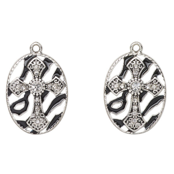 Drop, antique silver-finished enamel "pewter" (zinc-based alloy) and glass, clear / white / black, 26x20mm oval with cross and beaded edge. Sold per pkg of 2. image number 0