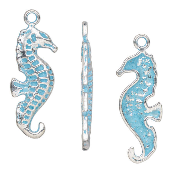 Charm, antique silver-finished pewter (tin-based alloy), blue patina, 28.5x12.5mm single-sided seahorse. Sold per pkg of 4. image number 0