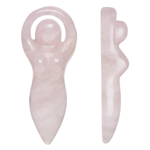 Focal, rose quartz (dyed), 39x15mm-40x16mm hand-cut undrilled single-sided goddess, B grade, Mohs hardness 7. Sold individually. image number 0