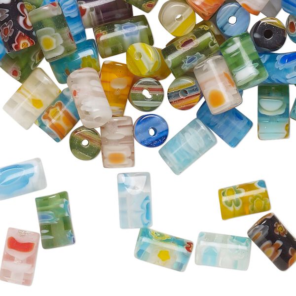 Bead mix, millefiori glass 1pkg2oz, translucent and transparent multicolored, 6x4mm-9x5mm round tube. image number 0