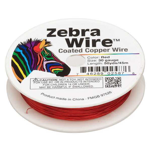 Wire, Zebra Wire™, color-coated copper, red, round, 30 gauge. Sold per 50-yard spool. image number 0