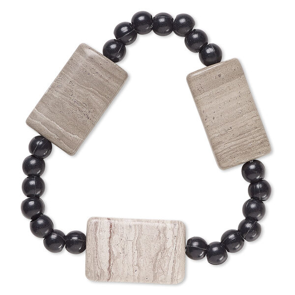 Bracelet, stretch, grey and cream marble (natural) and acrylic, black, 5mm round and 25x14mm-26x16mm flat rectangle, 6 inches. Sold individually. image number 0