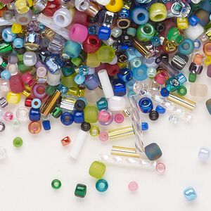 Bead, Dyna-Mites™, seed bead and bugle bead, glass, pkg/100 g, 15/0 to 6/0 round, mixed colors.
