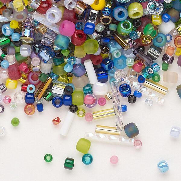 Bead, Dyna-Mites™, seed bead and bugle bead, glass, pkg/100 g, 15/0 to 6/0 round, mixed colors. image number 0
