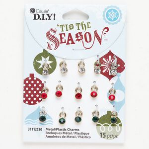 Drop assortment 1pkg15 antique gold-finished brass and glass rhinestone, clear / red / green, 5mm round with closed loop.