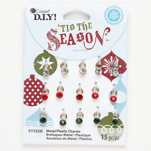 Drop assortment 1pkg15 antique gold-finished brass and glass rhinestone, clear / red / green, 5mm round with closed loop. image number 0