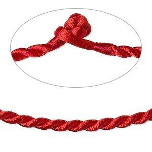 Necklace cord, satin-finished nylon, red, 3mm twisted round, 16 inches with knot closure. Sold per pkg of 2.