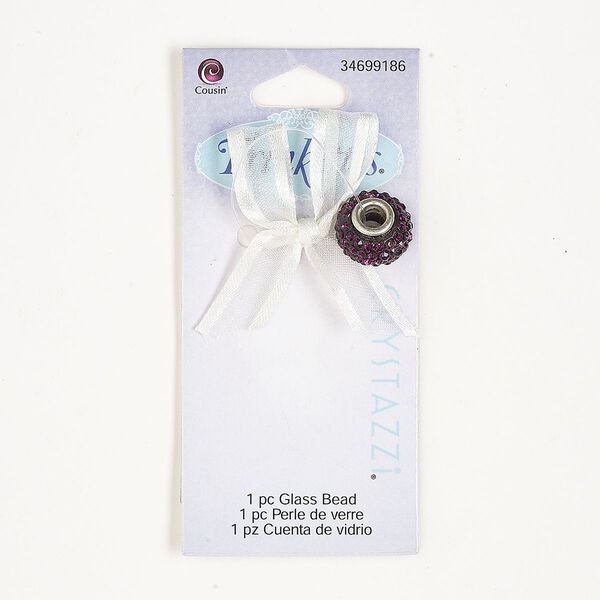 Bead, silver-finished brass and glass, purple and black, 15x9mm rondelle with ribbon. Sold individually. image number 0