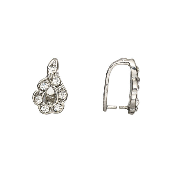 Bail, ice-pick, Egyptian glass rhinestone and imitation rhodium-plated brass, clear, 14x9mm flower, 11mm grip length. Sold per pkg of 6. image number 0
