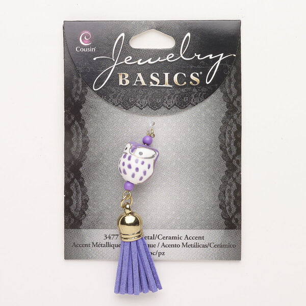 Focal, steel / porcelain / faux leather, pkg/1, gold finish / purple / white, 2-1/2 x 1/2 tassel with owl bead. image number 0