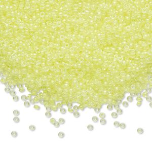 Seed bead, Miyuki, glass, pkg/35g, #15 rocaille, translucent luminous inside dyed color yellow, (RR-1119).
