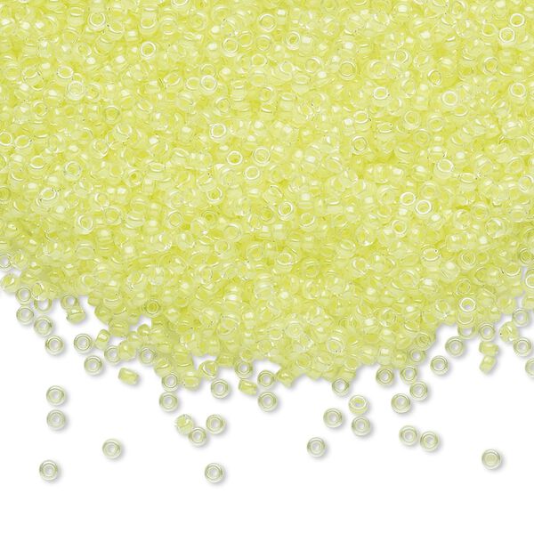 Seed bead, Miyuki, glass, pkg/35g, #15 rocaille, translucent luminous inside dyed color yellow, (RR-1119). image number 0