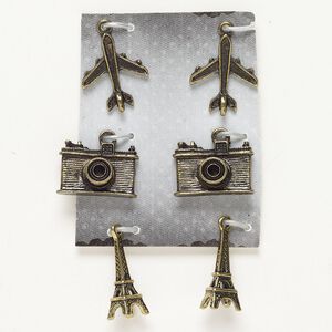 Charm assortment "pewter" zinc-based alloy 6pk mixed sizes travel shapes, antique gold finish
