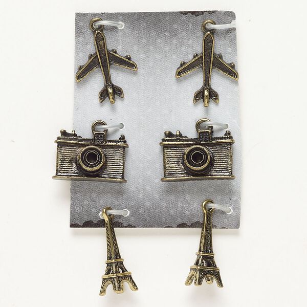 Charm assortment "pewter" zinc-based alloy 6pk mixed sizes travel shapes, antique gold finish image number 0