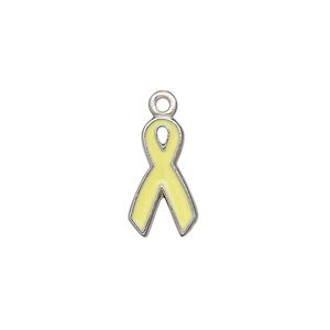 Charm, antiqued pewter (tin-based alloy), yellow, 16x9mm awareness ribbon. Sold per pkg of 2.