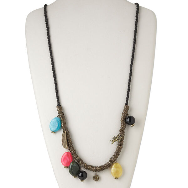 Necklace, gunmetal-finished pewter (tin-based alloy) / steel / resin, multicolored, 35 inches with 2-inch extender chain and lobster claw clasp. Sold individually. image number 0