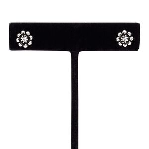 Earstud, glass rhinestone and antiqued sterling silver, clear, 8mm flower with post. Sold per pair.