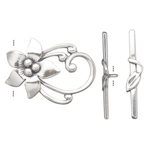 Clasp toggle 1pkg1 sterling silver, 30x22mm flower, antiqued 1-strand