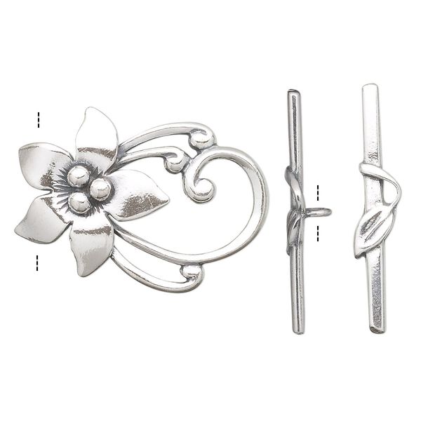 Clasp toggle 1pkg1 sterling silver, 30x22mm flower, antiqued 1-strand image number 0