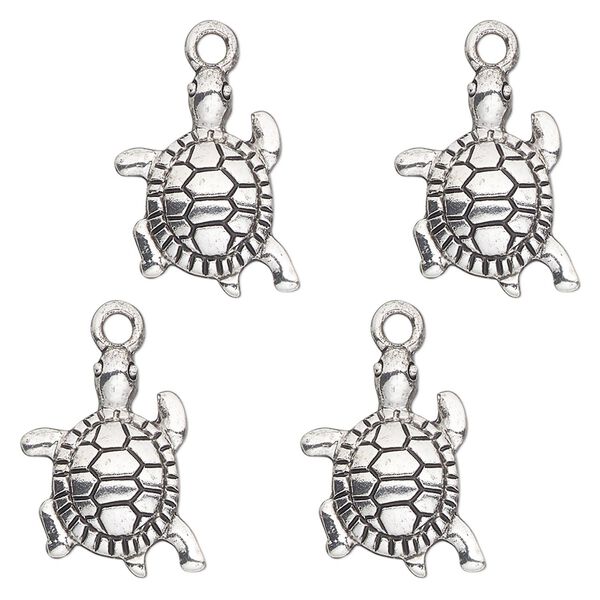Charm, antique silver-finished "pewter" (zinc-based alloy) , 17x14mm single-sided tortoise. Sold per pkg of 4. image number 0