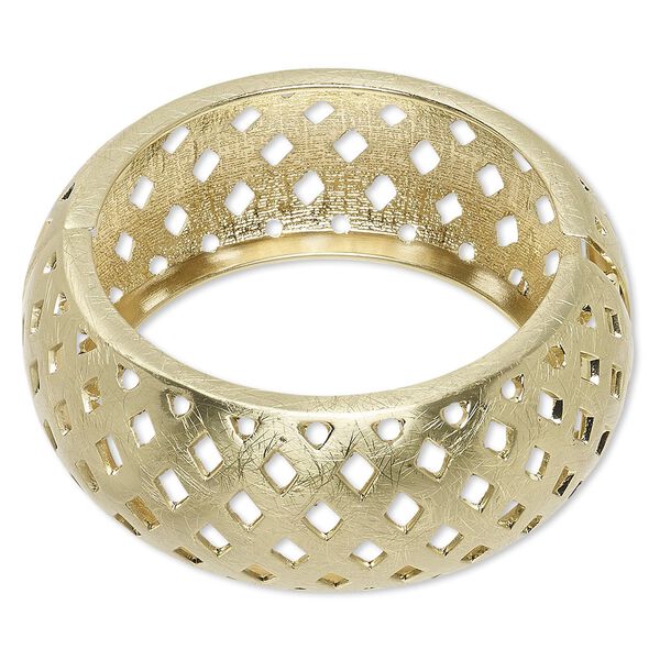 Bracelet, hinged bangle, gold-finished steel and "pewter" (zinc-based alloy), 29.5mm wide brushed band with cutout basket weave design, 7 inches. Sold individually. image number 0