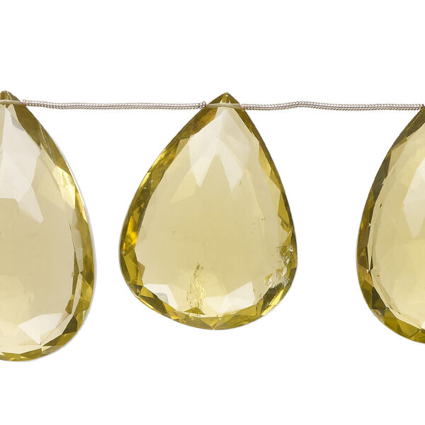 Bead, lemon quartz (heated), 39x23mm-48x32mm hand-cut top-drilled faceted puffed teardrop, B+ grade, Mohs hardness 7. Sold per pkg of 7. image number 0