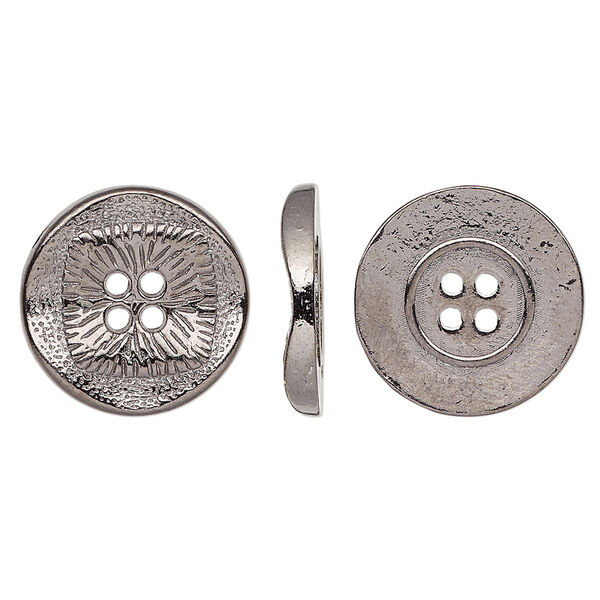Button, gunmetal-finished "pewter" (zinc-based alloy), 17mm single-sided wavy flat round with textured square design. Sold per pkg of 20. image number 0
