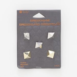 Slide, gold- and silver-finished "pewter" (zinc-based alloy), 11mm square stud with 6.5mm hole. Sold per pkg of 5.