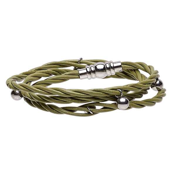 Bracelet, 3-strand wrap, leather (dyed) and stainless steel, green, 10mm wide twisted with 6mm round, 6 inches with magnetic clasp. Sold individually. image number 0