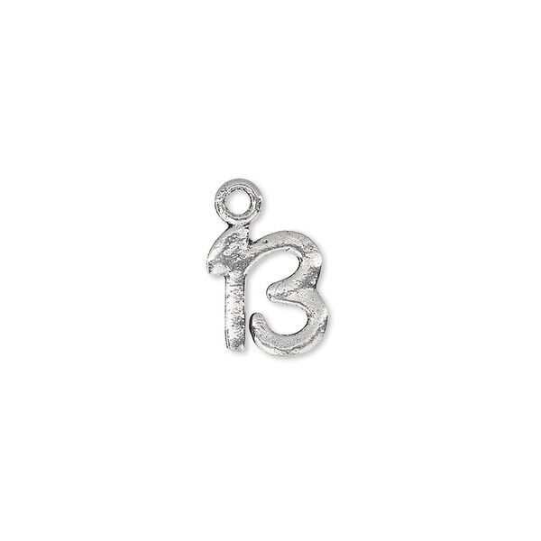 Charm, antique silver-plated white brass, 10x10mm single-sided number 13. Sold per pkg of 12. image number 0