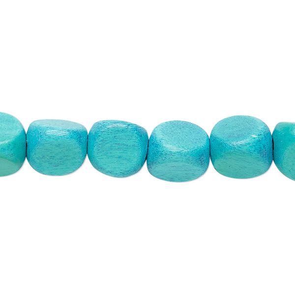Bead, wood (dyed / waxed), aqua, 10mm rounded triangle. Sold per 15-1/2" to 16" strand. image number 0