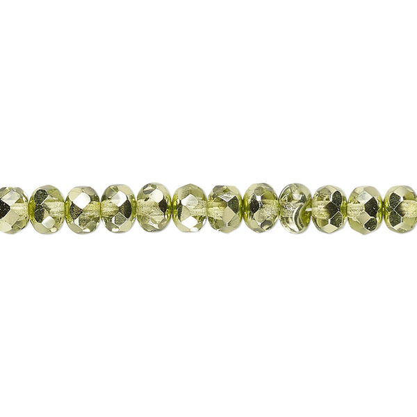 Bead, Czech fire-polished glass, metallic green, 5x4mm faceted rondelle. Sold per 15-1/2" to 16" strand. image number 0