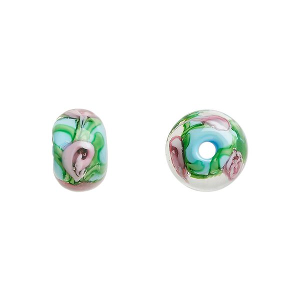 Bead, lampworked glass, opaque light blue multicolored, 12x8mm rondelle with rose. Sold per pkg of 4. image number 0