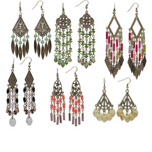 Earring mix, antique brass-plated steel and acrylic, mixed colors, mixed size chandelier styles. Sold per pkg of 6 pairs.