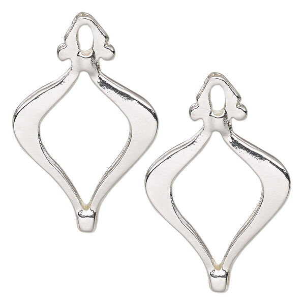 Bead frame, silver-finished "pewter" (zinc-based alloy), 32x21mm fancy marquise, fits up to 1.5mm and 12mm beads. Sold per pkg of 2. image number 0