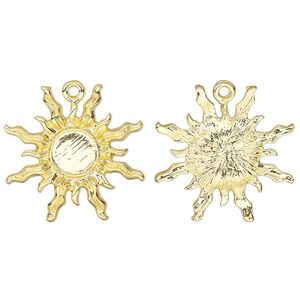 Drop,  glue-in, gold-finished "pewter" (zinc-based alloy), 27mm single-sided sun with 8mm round setting. Sold per pkg of 4.