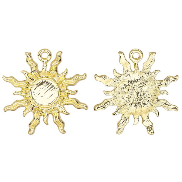 Drop,  glue-in, gold-finished "pewter" (zinc-based alloy), 27mm single-sided sun with 8mm round setting. Sold per pkg of 4. image number 0