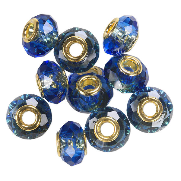 Bead 10pk 32 facets medium blue gold finish, Celestial Crystal® Dione® 14x9mm rondelle image number 0