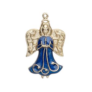 Charm, gold-finished "pewter" (zinc-based alloy) and enamel, sapphire blue, 27x19mm single-sided angel. Sold individually.