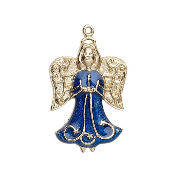 Charm, gold-finished "pewter" (zinc-based alloy) and enamel, sapphire blue, 27x19mm single-sided angel. Sold individually. image number 0